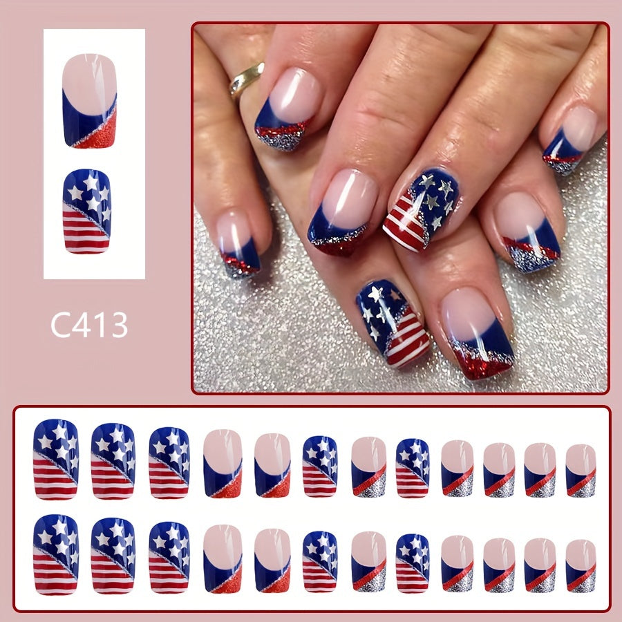 24pcs Flag & Stars Press-on Nails - Fashionable Square Short Tips, 4th of July Manicure Kit for Women & Girls