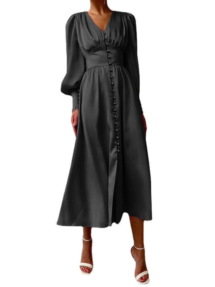 Women Satin Button Up V-Neck Long Sleeve Elegant Maxi Dresses