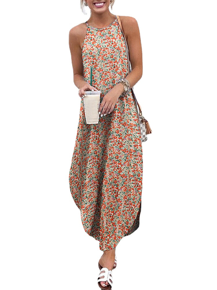 Women Floral Print Sleeveless Sling Split Hem Thin Casual Holiday Maxi Dress