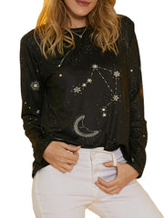 Women Libra Celestial Print Round Neck Casual Long Sleeve Blouses