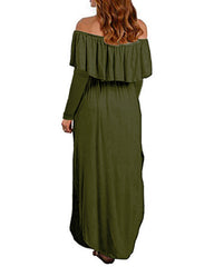 Women Off Shoulder Long Sleeve Side Split Beach Maxi Dress With Pockets