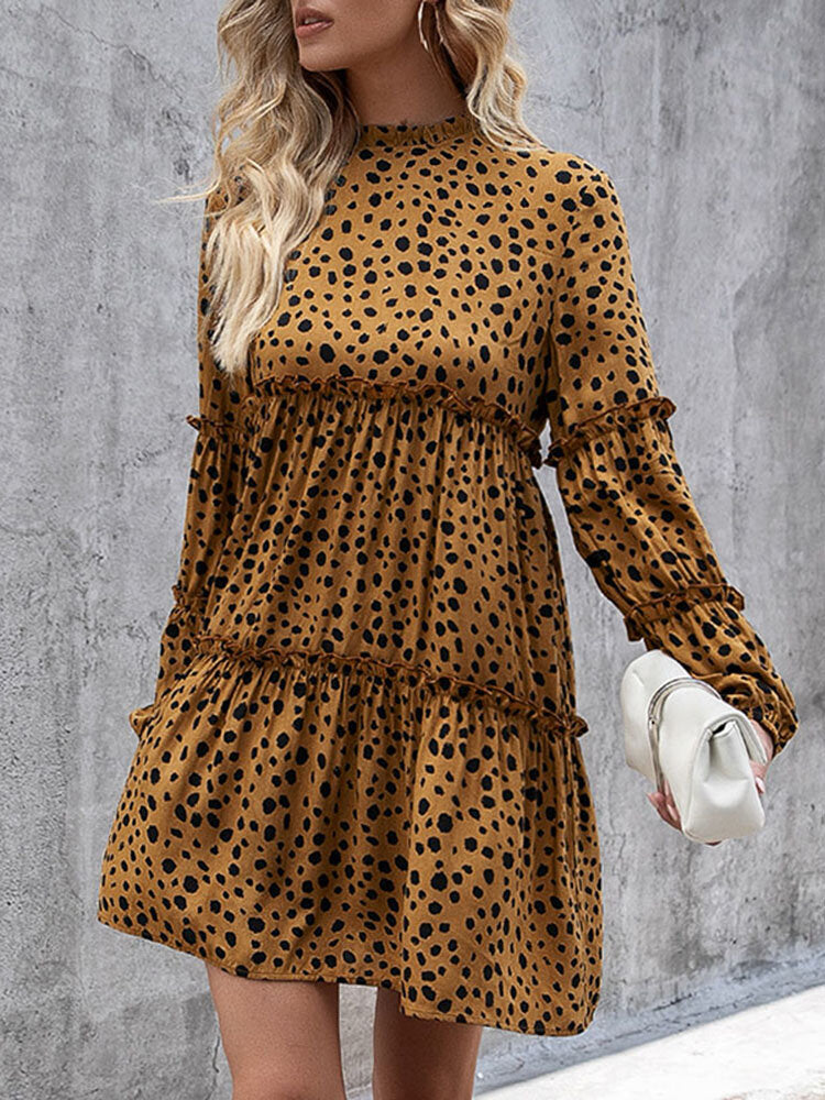 Women Bohemian Retro Knee Length Polka Dots Casual Midi Dresses