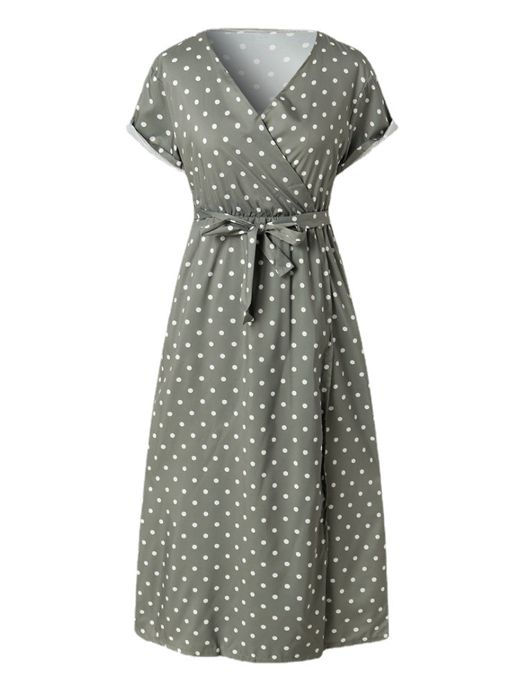 Women Cute Polka Dot V-Neck Wrap Casual Short Sleeve Belted Maxi Dresses