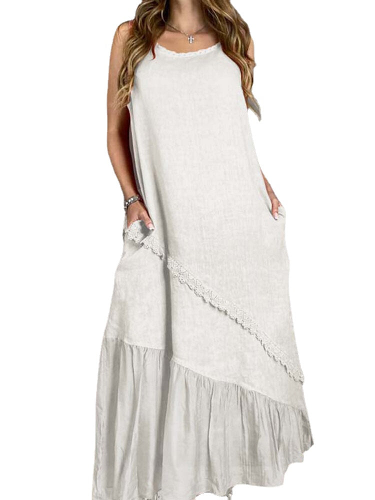 Solid Splicing Sleeveless Leisure Summer Casual Maxi Dress For Women