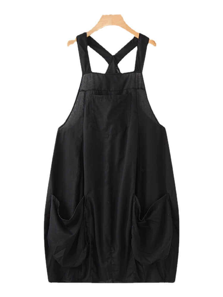 Women Straps Sleeveless Back Cross Pocket Dress Overalls