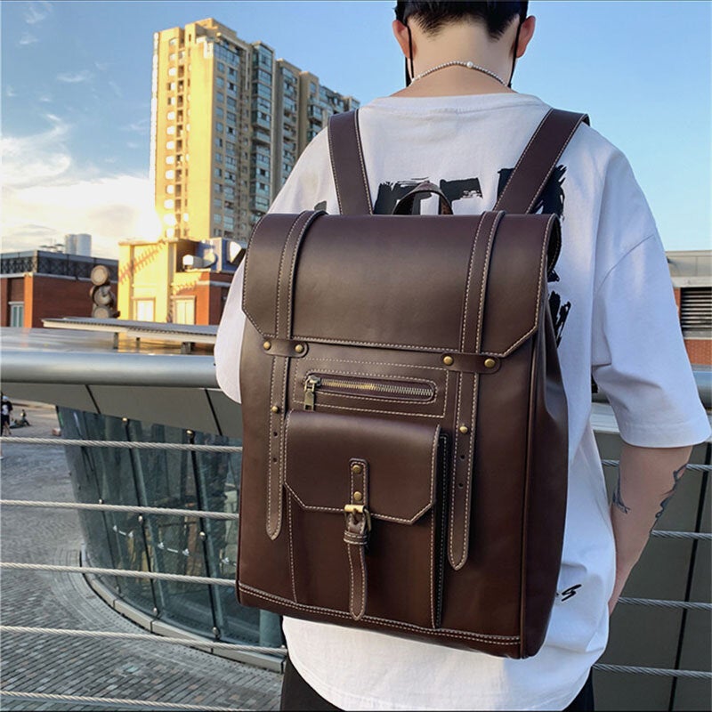 Men Retro PU Soft Leather Large Capacity Backpack Waterproof Breathable Front Pocket Design Shoulder Bag