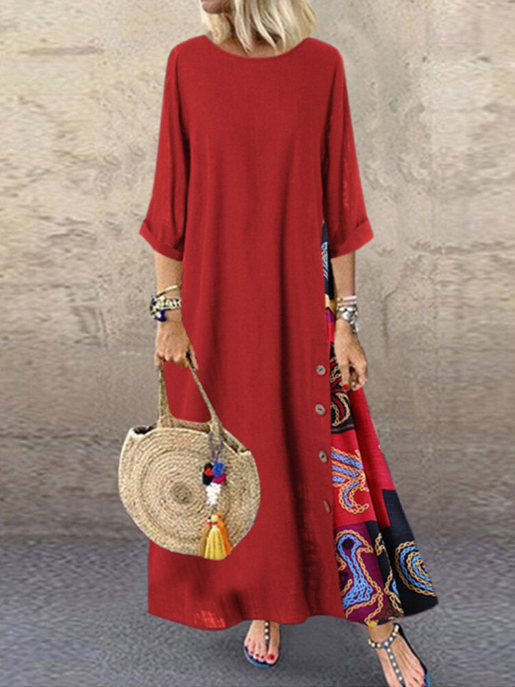 Ethnic Print Patchwork Buttons 3/4 Sleeve Vintage Maxi Dress