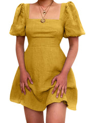 Casual Plain Square Neck Puff Sleeve A-line Mini Dress