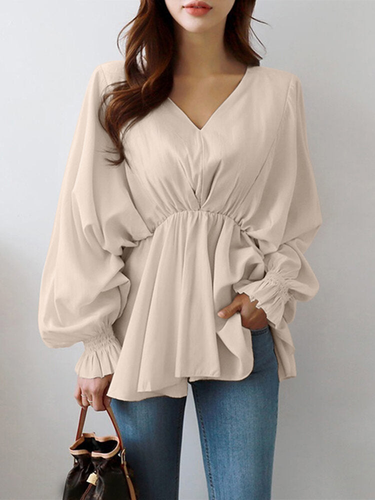 Women Solid Color V-Neck Puff Sleeve Ruffles Hem Casual Blouse