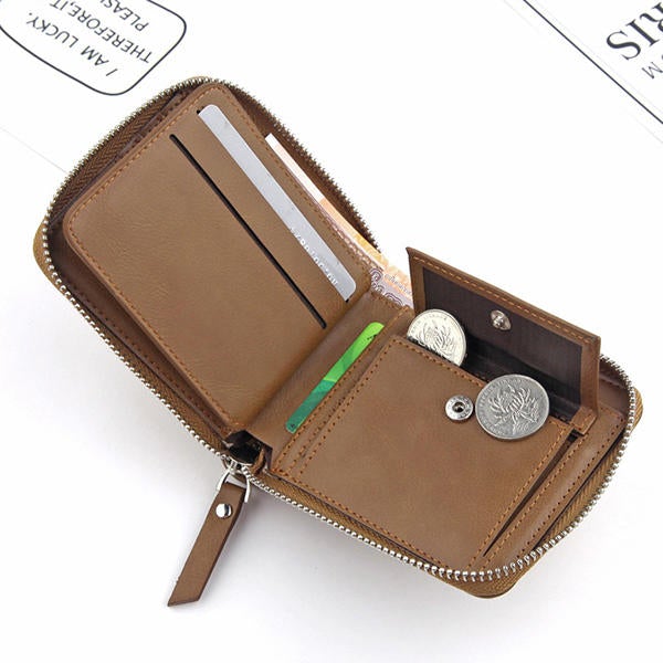 Men Faux Leather Tri-fold Retro Zipper Multi-card Slots Wallet