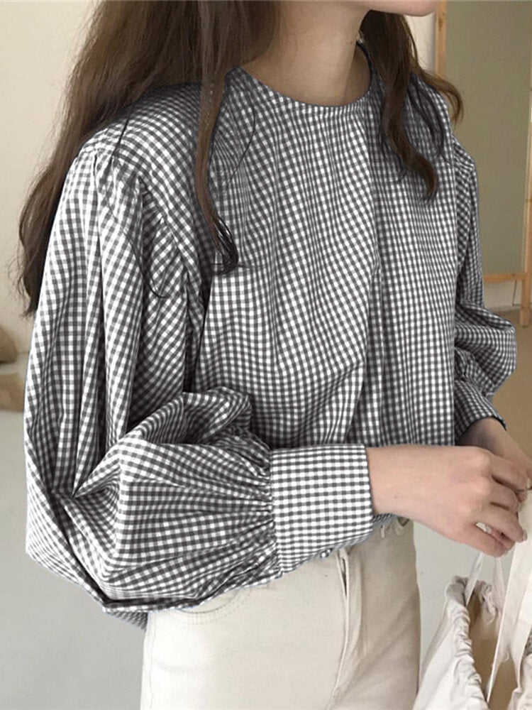 Puff Sleeve O-Neck Plaid Casual Loose Blouse For Women