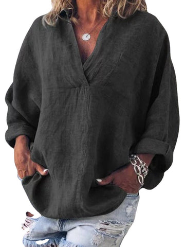Women Casual V-neck Long Sleeve Pocket Loose Cotton Blouse