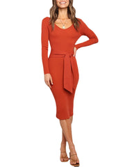 Long Sleeve Belted Knit Bodycon Solid Color Midi Dress