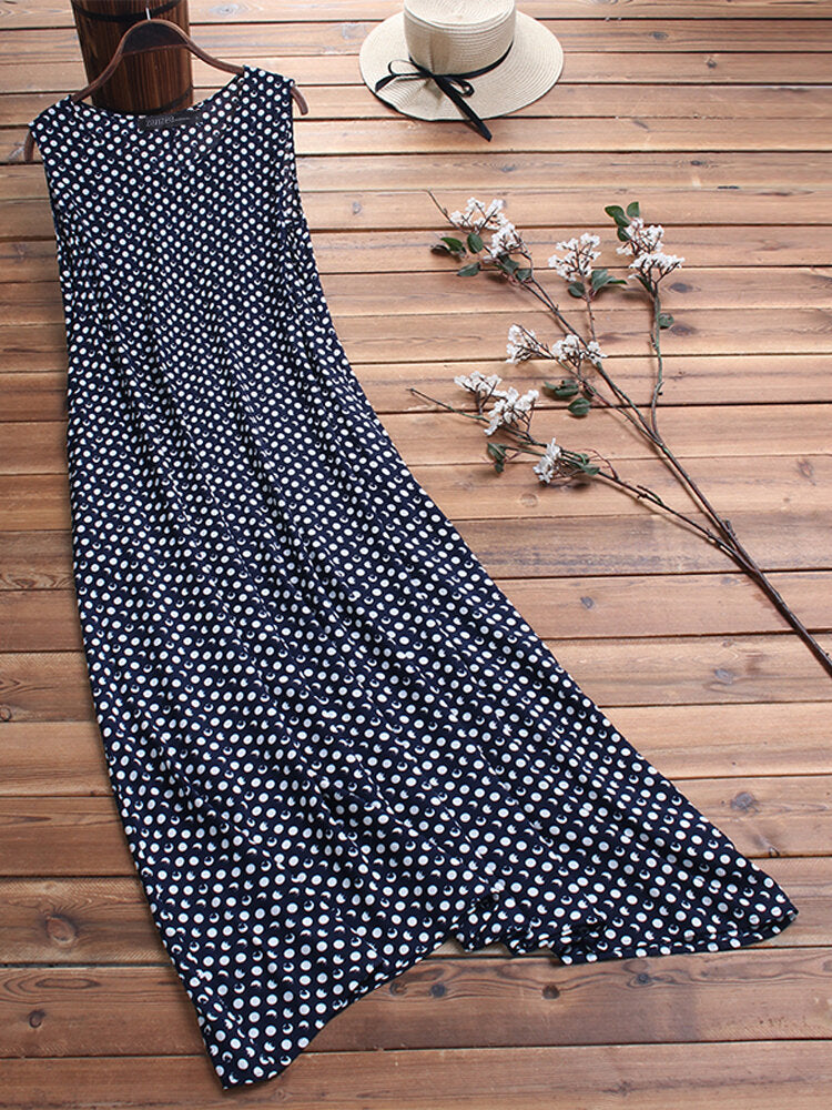 Women Bohemian Sleeveless O-neck Polka Dot Print Maxi Dress