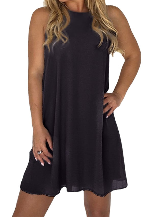 Women's Sleeveless Pure Color Mesh Crew Neck Simple Dress