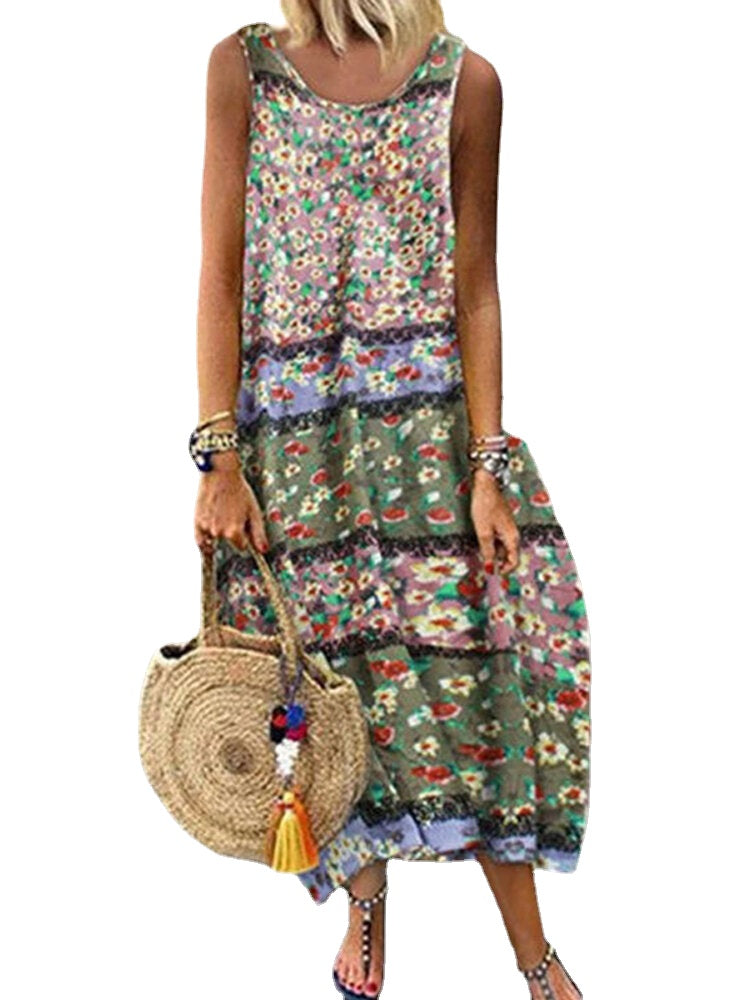 Women Sleeveless O-neck Floral Print Baggy Summer Maxi Dress