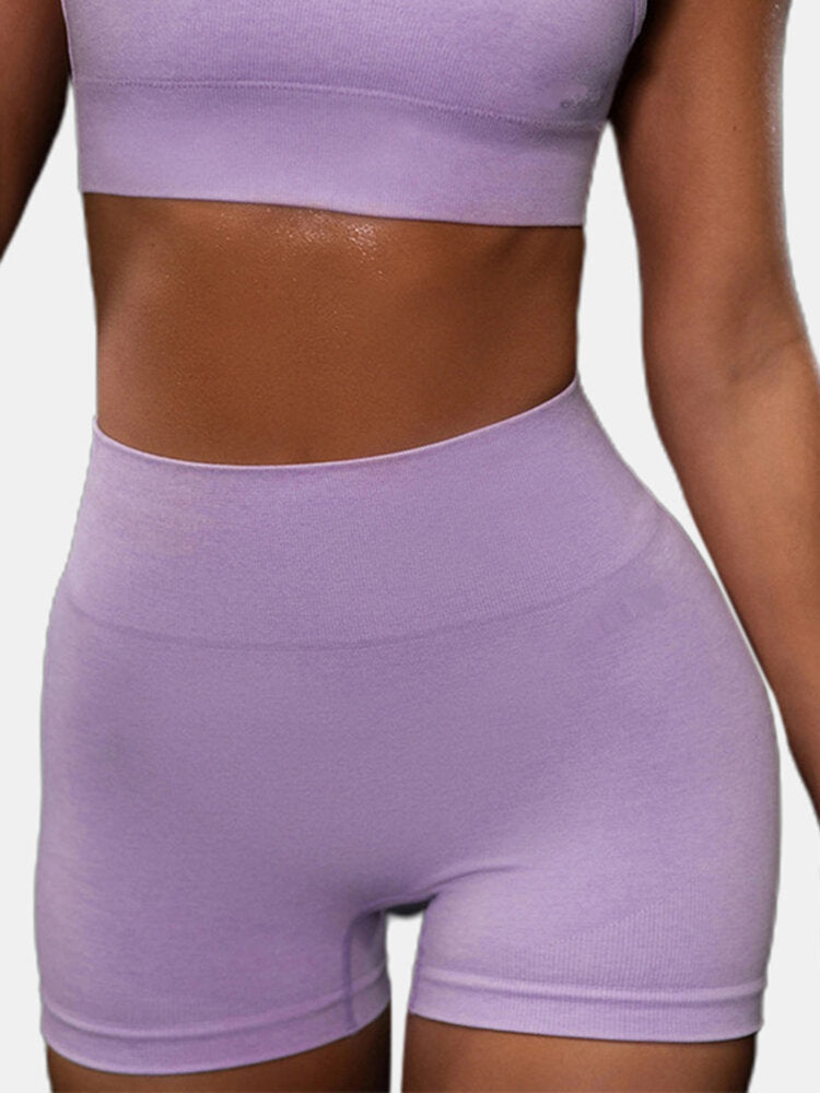 Sport Women Plain Elastic Seamless Yoga Gym High Waist Shorts