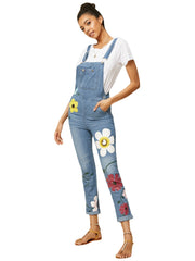 Women Casual Big Flower Print Pockets Denim Jumpsuit