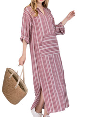 Women Casual Stripe V-neck Big Pocket Long Maxi Dress