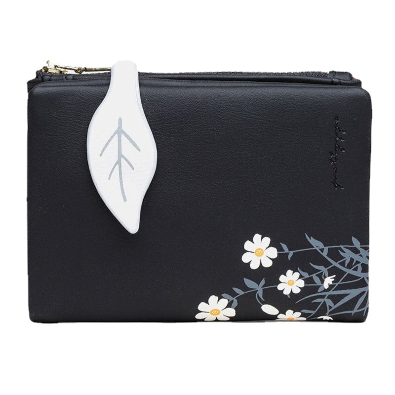 Women PU Leather Floral Printing Casual Mini Easy Carry Money Clip Card Holder Wallet