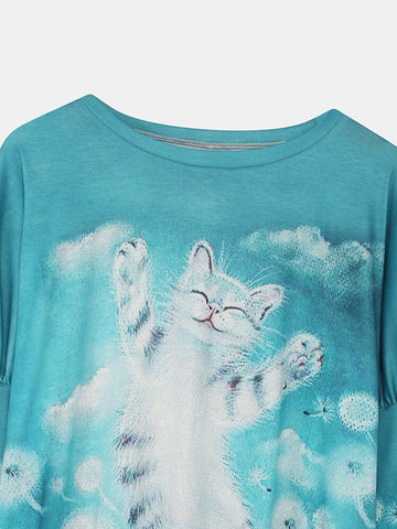 Women Cartoon Cat Print O-Neck Long Sleeve Casual Double Pockets T-Shirt