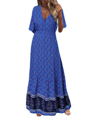 Retro Floral Print V-neck Short Sleeve Elastic Waist Bohemian Holiday Maxi Dress