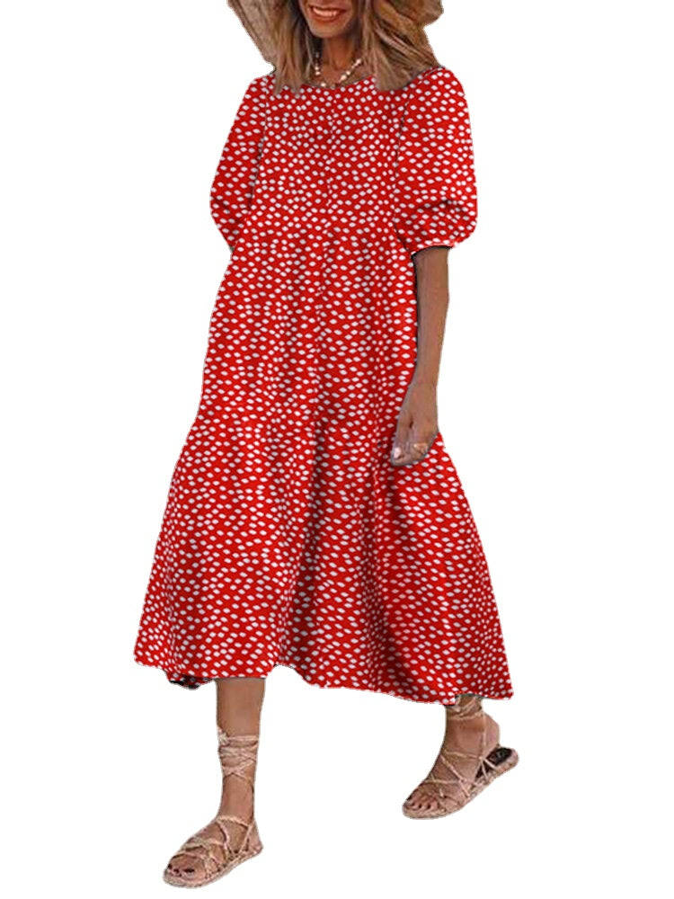 Casual Loose Floral Print O-neck Puff Sleeve Pleated A-line Maxi Dress