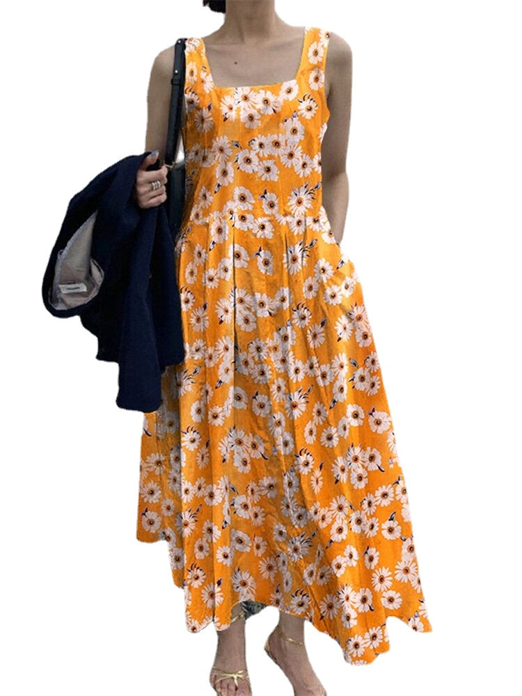 Flower Print Ruched Pocket Square Collar Sleeveless Midi Dress