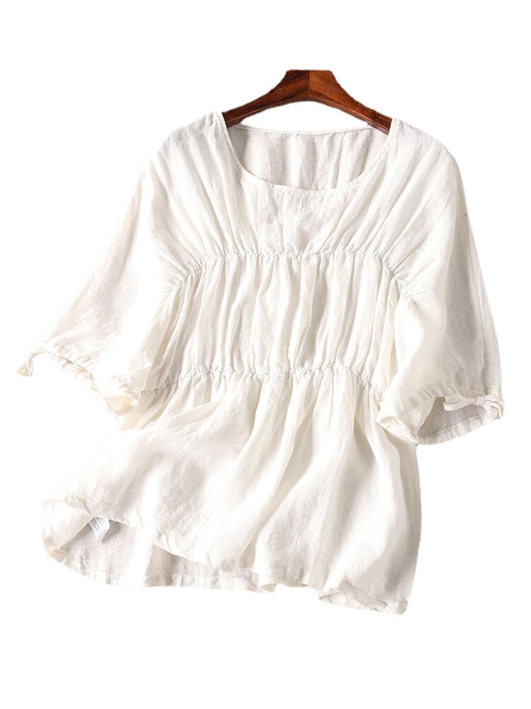 Leisure Solid Tie-Up At Cuff Ruched Round Neck Cotton Blouse