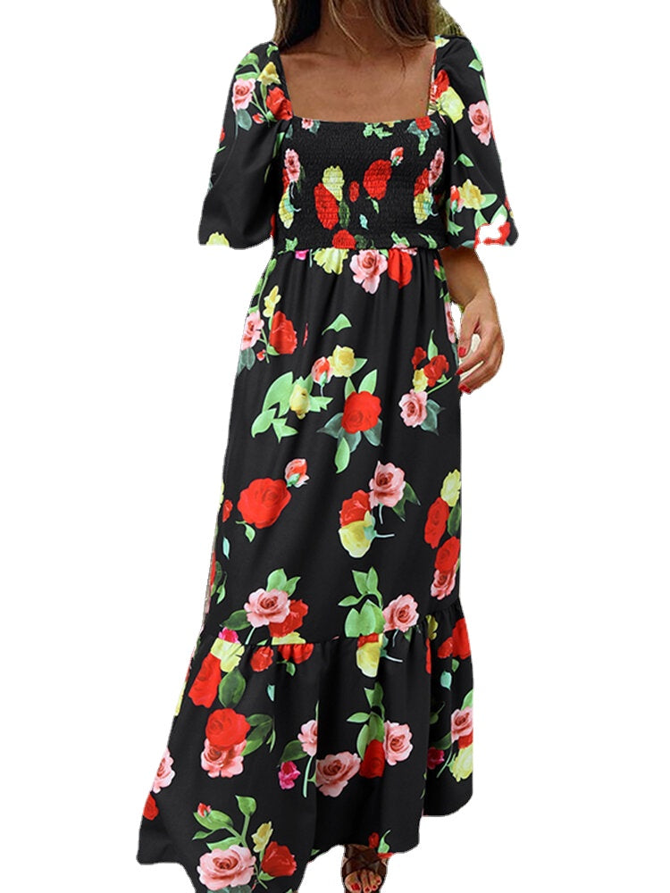 Women Holiday Square Neck Puff Sleeve Slim Fit Fishtail Swing Floral Print Maxi Dress