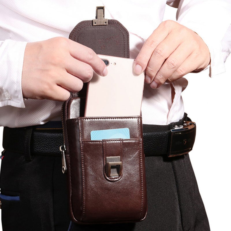 Men Mini Genuine Leather 6.5 Inch Phone Holder Waist Pack Belt Bag Crossbody