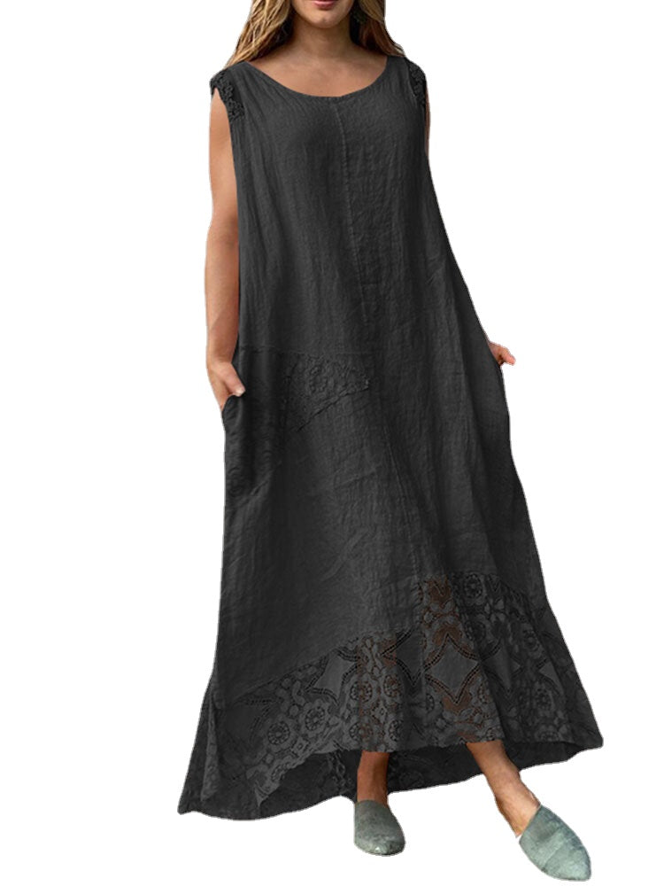 Lace Patchwork Pocket Round Neck Sleeveless Maxi Dress