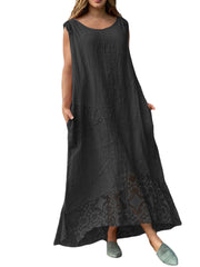 Lace Patchwork Pocket Round Neck Sleeveless Maxi Dress