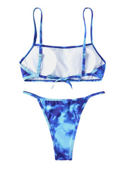 Tie Dye Print Thong Bikini Spaghetti Straps Backless Swimsuit