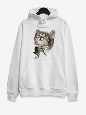 Women Cat Printed Long Sleeve Drawstring Hoodies With Pouch Pocket