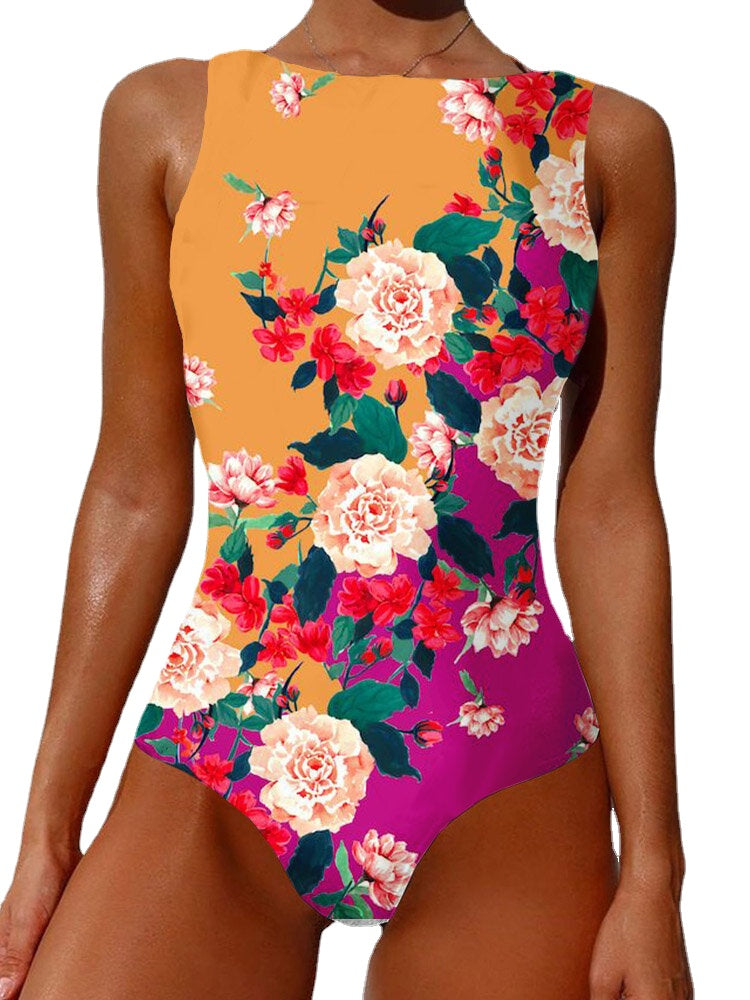 Floral Abstract Print Backless Slimming Swimsuit