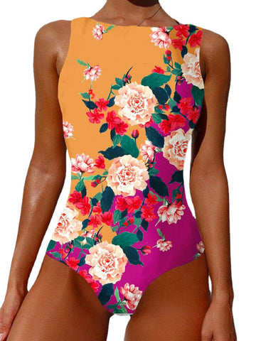 Floral Abstract Print Backless Slimming Swimsuit