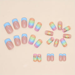 24pc Rainbow Heart Press-On Nails - Valentines Day Design, Blue French Tips, Glossy Finish