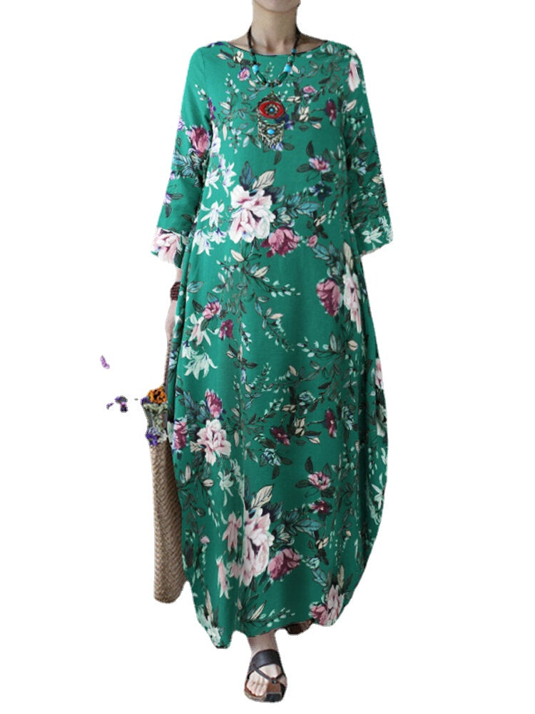 Vintage Floral Print Cotton Loose Maxi Dress with Side Pockets