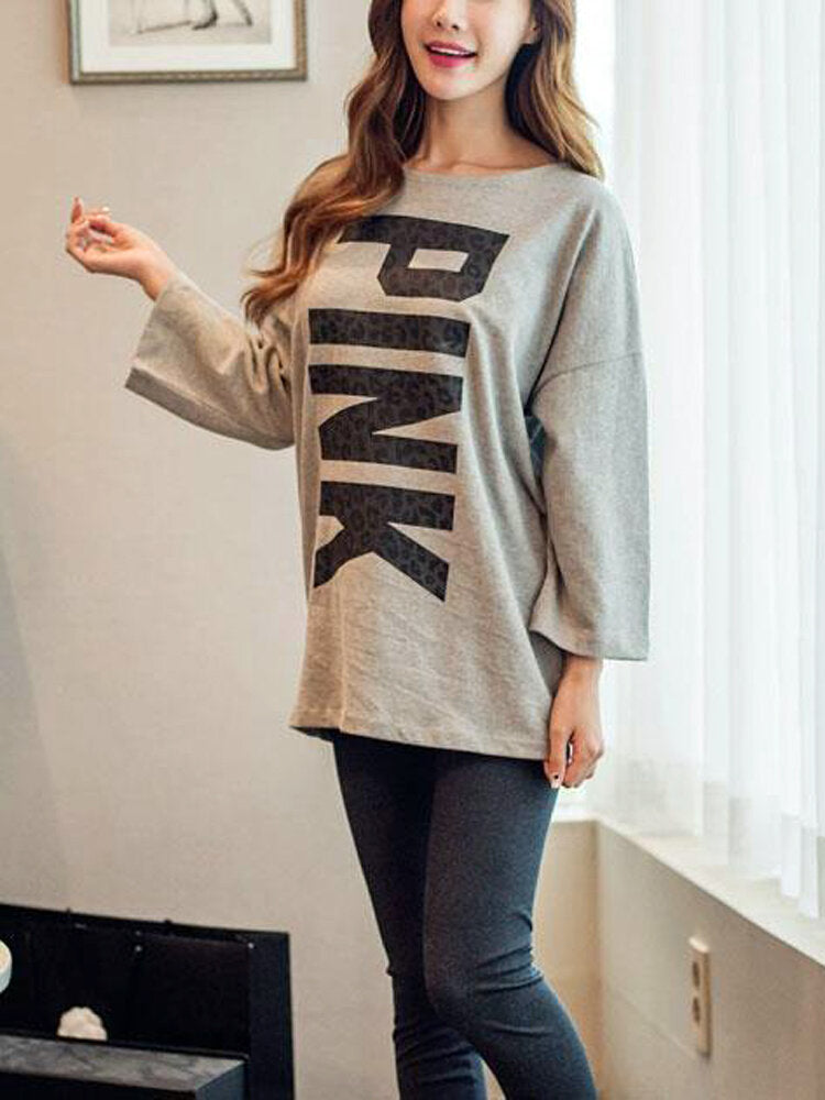 Womens Letter Print Ruond Neck Long Sleeve Home Casual Pajama Set