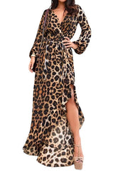 Women Long Sleeve High Low Split Casual Midi Print Dress