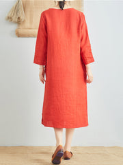 Women Pure Color Cotton Linen V-Neck Long Sleeve Dress with Pockets