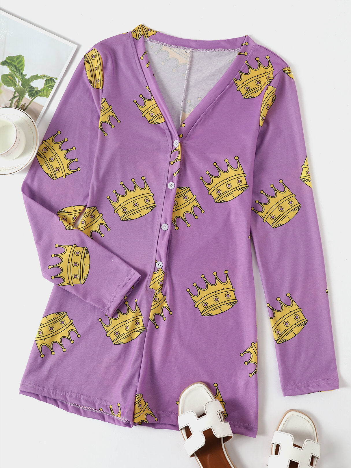 Fruit Vegetable Print Front Button V Neck Long Sleeves Casual Playsuits