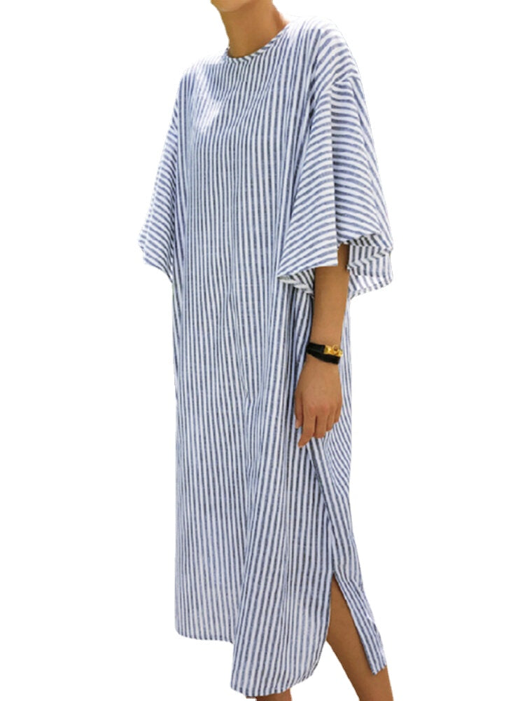 Side Fork Puff Sleeve Striped Loose Dress For Women