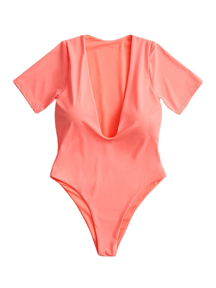 Women Solid Color One Piece Short Sleeve Plunge V-Neck Swimwear