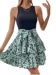 Women's Sleeveless Floral Ruched Crew Neck Stylish Cake Dress