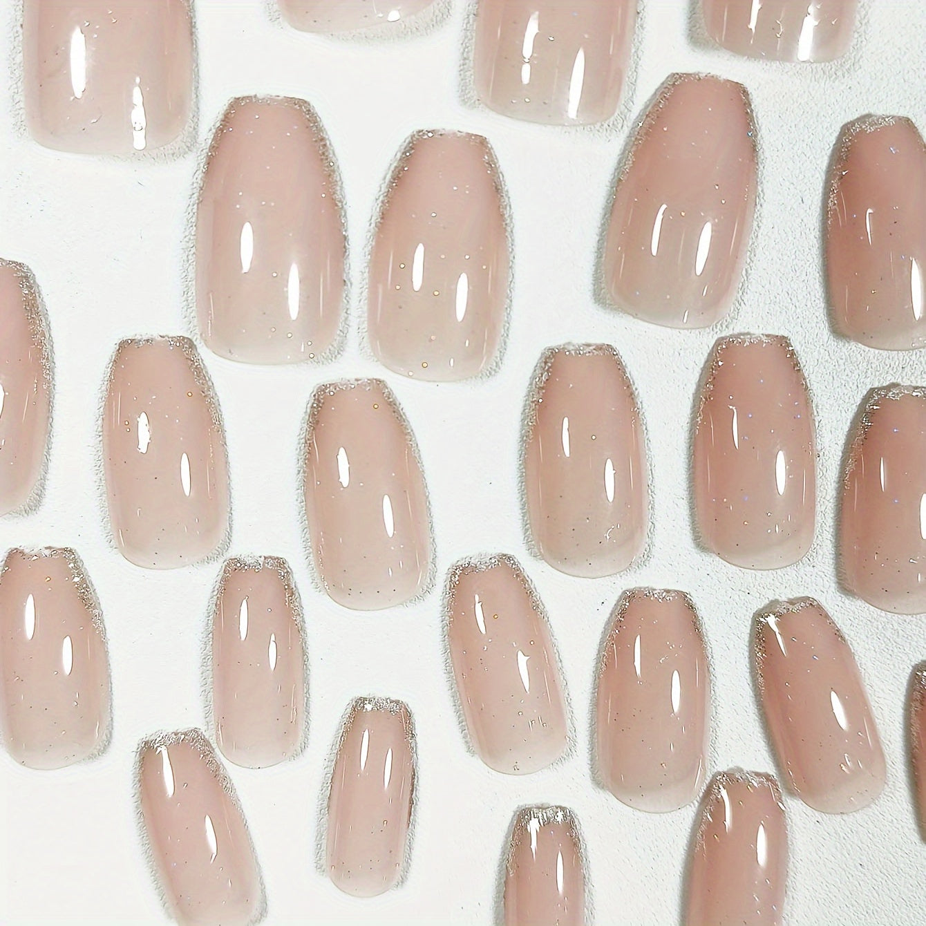 Chic Glossy Nude Press-On Nails with Golden Glitter Edge - 24pcs French Style Full Cover Set