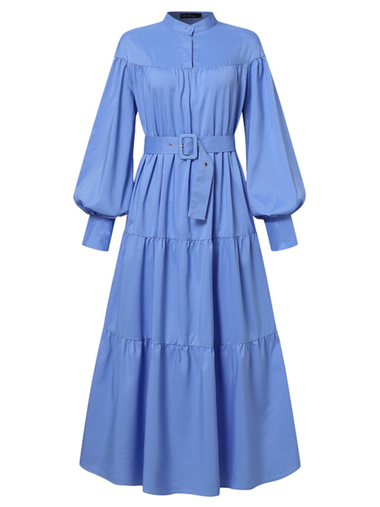 Solid Color Stand Collar Puff Sleeve Belted Pleated Shirt Maxi Dress