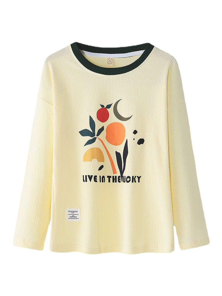 Women's Graphic Letter Print Ribbed Pullover Pajama Set with Elastic Waist and Pockets