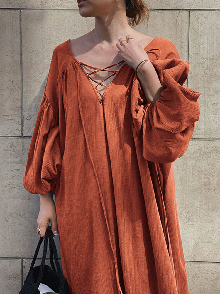 Women Solid Color V-Neck Tie Bubble Sleeves Pleated A-line Maxi Dresses